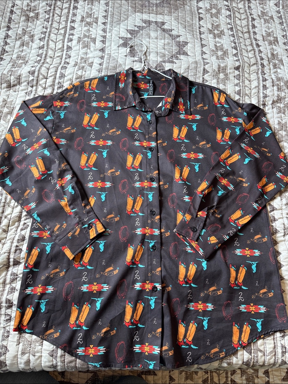 Women's Black Button-Down Shirt with Southwestern Print